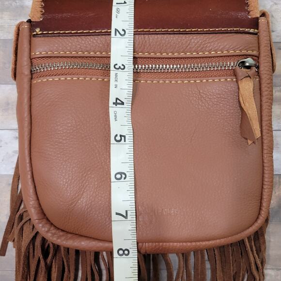 Native American Chief Head Crossbody Fringed Purse Genuine Leather Embossed Brow - Picture 11 of 16